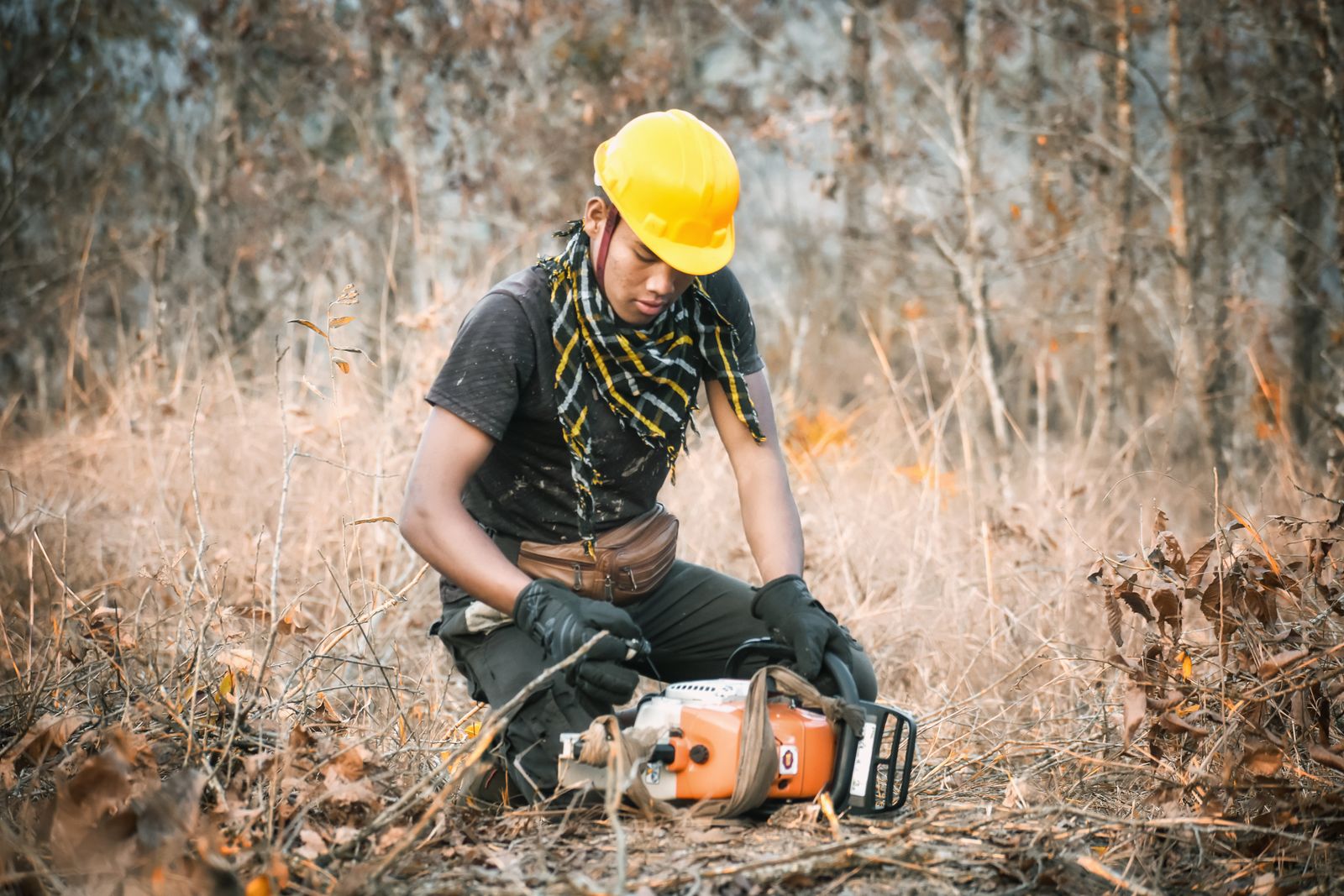 Crew member in a hard hat inspecting a chainsaw before a job